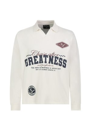 White long-sleeve polo shirt with collar, printed text "Chase after Greatness," and small logos on chest and lower front.