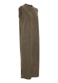 Robe sans manches en tricot vert olive, avec un col montant, une silhouette droite, des fentes latérales et une texture côtelée sur les ourlets.