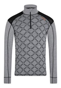 Grå langærmet pullover med halvcip, der har et diamantmønster af "DOVRE" i sort. Sorte skulderaccenter og kontrastsy. 