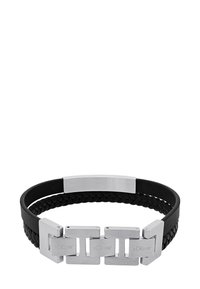 Pulsera de cuero trenzado negro con acentos metálicos en tono plateado, diseño rectangular y un cierre de metal pulido y suave con logo.