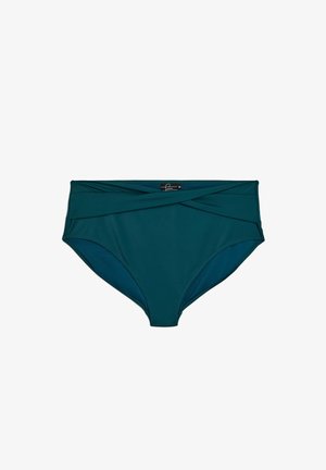Braguita de bikini de talle alto en color verde azulado con un diseño cruzado en la parte delantera. Confeccionada con tejido suave y elástico, de color sólido y con costuras mínimas.