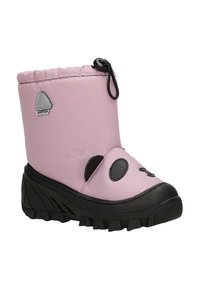 Stivale isolato rosa con tomaia texture, suola in gomma, accenti neri e dettagli circolari giocosi che ricordano un volto. Chiusura superiore regolabile.