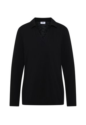 Czarna longsleeve polo z dekoltem w serek, z prążkowanym kołnierzykiem i gładką, lekką strukturą. Metka widoczna wewnątrz kołnierza.