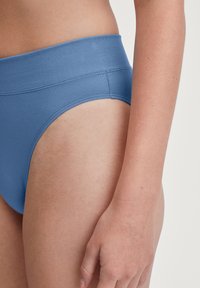 Blauwe naadloze slipjes met een brede tailleband en een zachte textuur, ontworpen voor comfort en een stevige pasvorm.