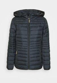 Giacca imbottita blu navy con cappuccio, caratterizzata da cuciture orizzontali, due tasche laterali con cerniera e dettagli con cerniere color oro.