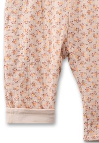 Helle rosa Stoffhose mit kleinen, gelben und braunen Blumenmustern, gerafften Bündchen und einer weichen Textur. Ideal für die Freizeit.