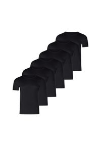 Sześć czarnych koszulek z krótkim rękawem wyeksponowanych w rzędzie. Każda koszulka ma klasyczny okrągły dekolt i gładką fakturę.