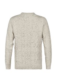 Gråmelerad kabelstickad tröja i ljusbeige, med en texturerad mönster, rund hals och långa ärmar. Mjuk tyg med ett spräckligt utseende.