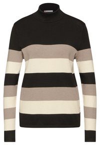 Gestreifter Rollkragenpullover in Dunkelbraun, Hellgrau, Beige und Off-White. Strickstoff mit langen Ärmeln und geripptem Kragen.