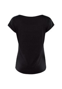 Black short-sleeve top with a wide neckline, made from a soft, lightweight fabric. The back is slightly longer than the front.