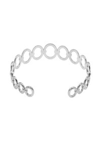 Bracciale in metallo argentato con cerchi interconnessi, finitura lucida, design aperto e leggermente flessibile per adattarsi alle dimensioni.