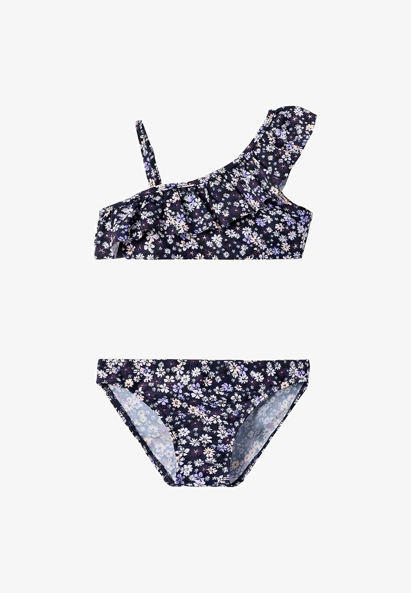 Maillot de bain deux pièces pour filles avec un haut asymétrique à volants et un bas assorti à imprimé floral en bleu marine, blanc et lavande.