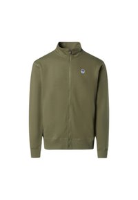 Giacca con zip di colore verde oliva realizzata in tessuto liscio. Presenta un colletto alto e un piccolo logo blu sul petto. Design semplice con polsini a costine.