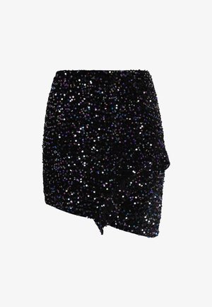 Fekete flitteres szoknya, testhez simuló fazonnal, több színben csillogó flitterekkel, amelyek ragyogó hatást keltenek, aszimmetrikus szegéllyel.