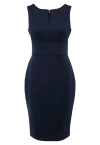 Marineblauwe mouwloze jurk met een aansluitende silhouette. Voorzien van een ronde halslijn en een discrete rits aan de achterkant. Gladde stoftextuur.