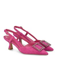 Décolleté in suede rosa con punta affusolata, piccoli tacchi a blocco e decorazioni con fibbie di cristallo sulla parte superiore.