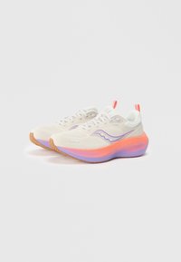 Running shoes with a lightweight mesh upper in white, accented by lilac and orange on the midsole and a gum rubber outsole.