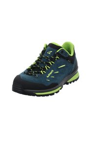 Scarpe da trekking da uomo in suede blu scuro con suola in gomma nera, dettagli verdi e lacci verdi, caratterizzate da colletto imbottito e fodera impermeabile.