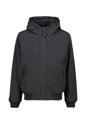 Chaqueta negra con capucha, cierre delantero, puños y dobladillo acanalados, y bolsillos laterales, diseñada para el clima frío.