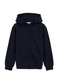 Temno modra zip-up kapuca iz bombažne mešanice, ki vključuje kapuco, sprednje žepke, rebraste manšete in oznako znotraj ovratnika.