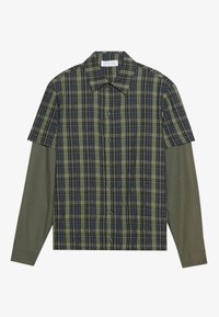Short-sleeve plaid shirt in olive green and navy, featuring a button-up front and a contrasting long-sleeve underlayer in solid olive.