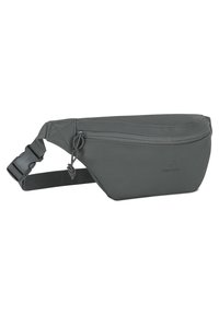Marsupio grigio realizzato in materiale liscio, dotato di una tasca frontale con zip, tracolla regolabile e un sottile dettaglio del logo sul lato.