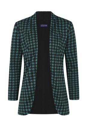 Karierte Strickjacke in Schwarz und Türkis mit offenem Frontdesign, langen Ärmeln und glatter Textur. Verfügt über ein einfarbig schwarzes Innenfutter.