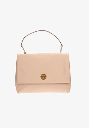 Borsa a mano in pelle beige con un design strutturato, hardware dorato e logo frontale. La borsa presenta un manico singolo per il trasporto.