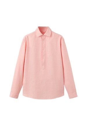 Long-sleeve pale pink shirt with a collar and a three-button placket, displayed against a white background.