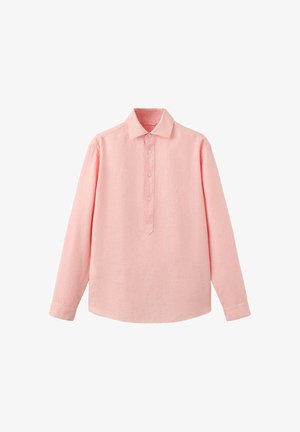 Chemise rose pâle à manches longues avec col et patte de boutonnage à trois boutons, présentée sur fond blanc.