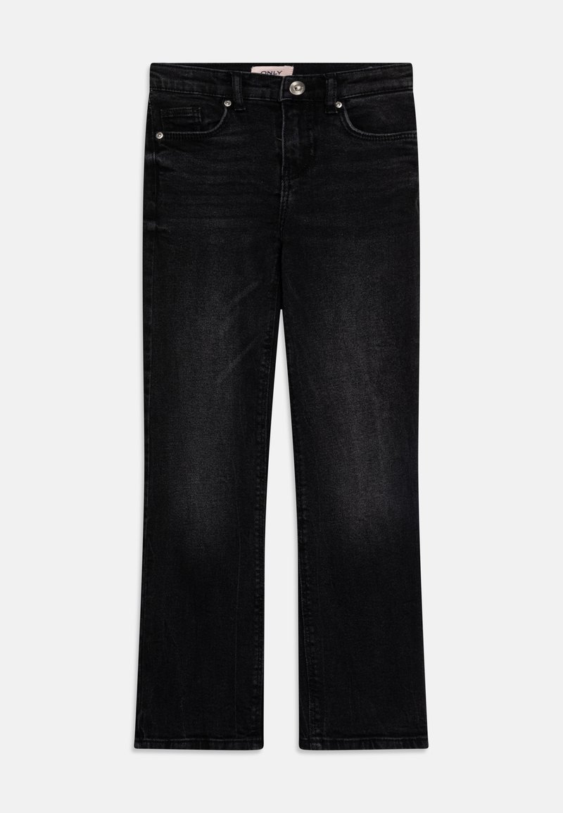 Calças de ganga pretas com corte reto, design de cinco bolsos, fecho de botão metálico e detalhe de desbotamento subtil na textura do tecido.