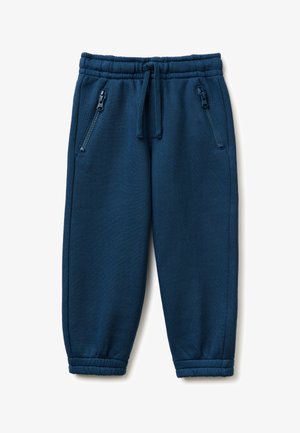 Pantalones jogger de forro polar azul marino con cintura elástica, cordón ajustable, bolsillos laterales con cremallera y puños elásticos.