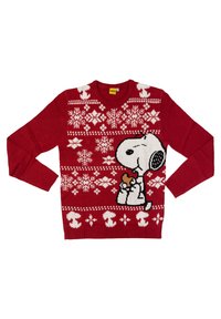 Maglione a maglia rossa con motivi di fiocchi di neve bianchi e un'immagine di Snoopy che tiene un cuore, con polsini e scollatura a costine.