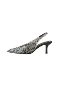 Silberne Slingback-High Heels mit spitzem Fuß, verziert mit klaren und schwarzen Strasssteinen, ausgestattet mit einem schlanken schwarzen Absatz und glatter Oberfläche.