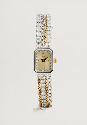 Gold and silver bracelet watch with octagonal face, embellished with rhinestones. Features a gold-toned dial and black hands for time display.