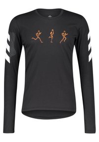 Langärmliges schwarzes Sportshirt mit orangefarbenen Laufgrafiken und weißen Streifen am linken Ärmel; aus atmungsaktivem Stoff gefertigt.