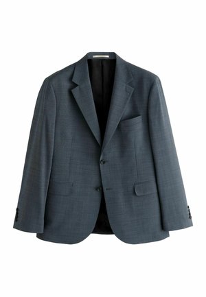 Grauer einreihiger Herrenblazer mit Kerbkragen, zwei vorderen Knöpfen, Pattentaschen und einer Brusttasche, präsentiert vor weißem Hintergrund.