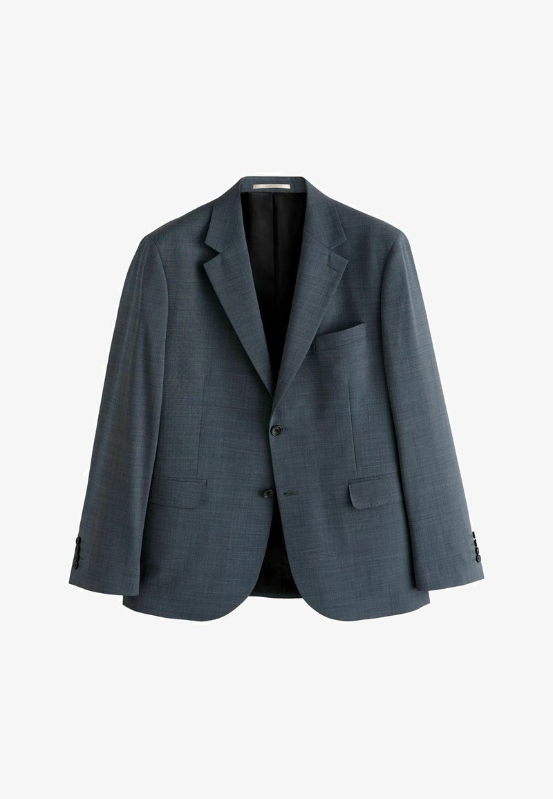 Blazer gris pour homme à simple boutonnage avec revers crantés, deux boutons à l'avant, poches à rabat et poche poitrine, présenté sur fond blanc.