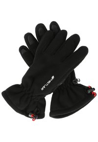 Zwarte fleece handschoenen met een getextureerde grip op de vingers, elastische boorden en verstelbare trekkoorden voor een stevige pasvorm. Merklogo zichtbaar.