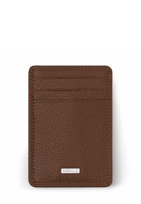 Bruine leren kaarthouder met een geribbelde textuur, voorzien van vier kaartslots en een zilveren REDOLZ-logoplaat aan de onderkant.