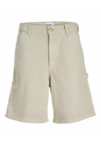 Pantaloni cargo beige in cotone con una vestibilità comoda, dotati di tasche laterali, chiusura con bottone e cuciture a contrasto sull'orlo.