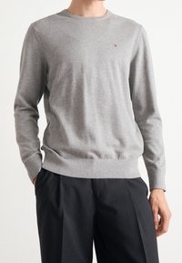 Grijze gebreide trui met een ronde hals, geribbelde boorden en zoom, met een klein logo-accent op de borst. Draagt zwarte broek.