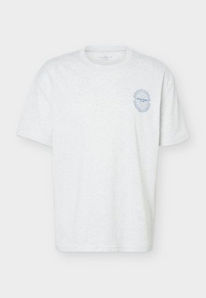 White short-sleeve crew neck t-shirt with small blue circular logo on left chest featuring grid and text details.