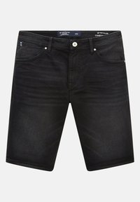 Shorts en denim noir avec un design à jambe droite, dotés de cinq poches et d'une fermeture à bouton. Texture lisse avec des détails de surpiqûres subtils.