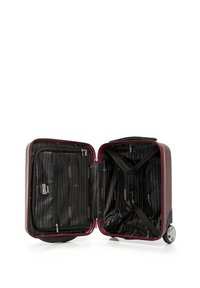 Hard-shell suitcase in dark burgundy with a textured surface. Features a zippered mesh pocket, adjustable straps, and black striped lining.