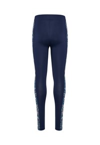 Leggings blu navy con una texture liscia e pannelli laterali a motivo floreale. Vita comoda e design aderente, ideali per l'abbigliamento sportivo.