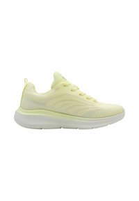 Basket de sport jaune clair avec tige en mesh, fermeture à lacets, col rembourré, languette au talon et semelle épaisse blanche amortissante.