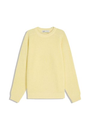 Yellow knitted sweater with a ribbed texture, round neckline, and long sleeves. Features a straight-cut silhouette and elasticated hem.