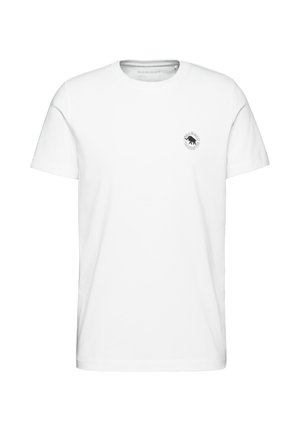 T-shirt en coton blanc avec un col rond, des manches courtes et un petit logo d'ours noir sur la poitrine gauche. Texture lisse, coupe décontractée.