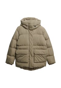 Chaqueta de plumas beige con capucha, que presenta un cierre de cremallera frontal, dos grandes bolsillos frontales, textura acolchada y un corte relajado.